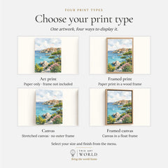 Sardinia turquoise coves and harbour town watercolour art print, print type options: art print, framed print or canvas