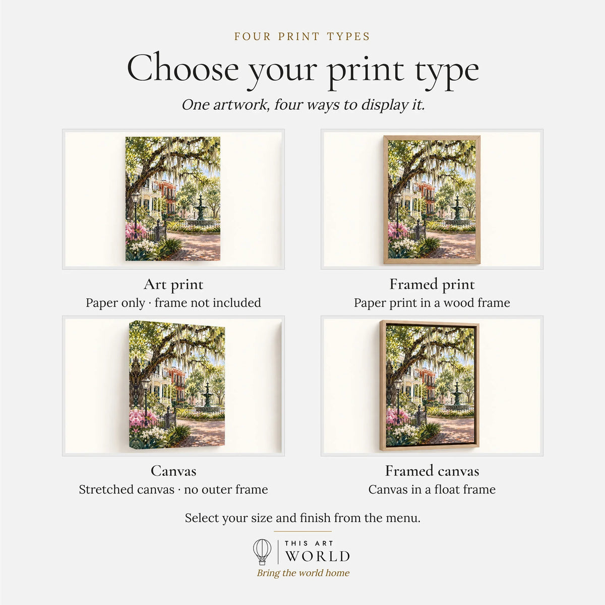 Savannah Spanish moss oaks and park fountain watercolour art print, print type options: art print, framed print or canvas