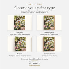 Savannah Spanish moss oaks and park fountain watercolour art print, print type options: art print, framed print or canvas