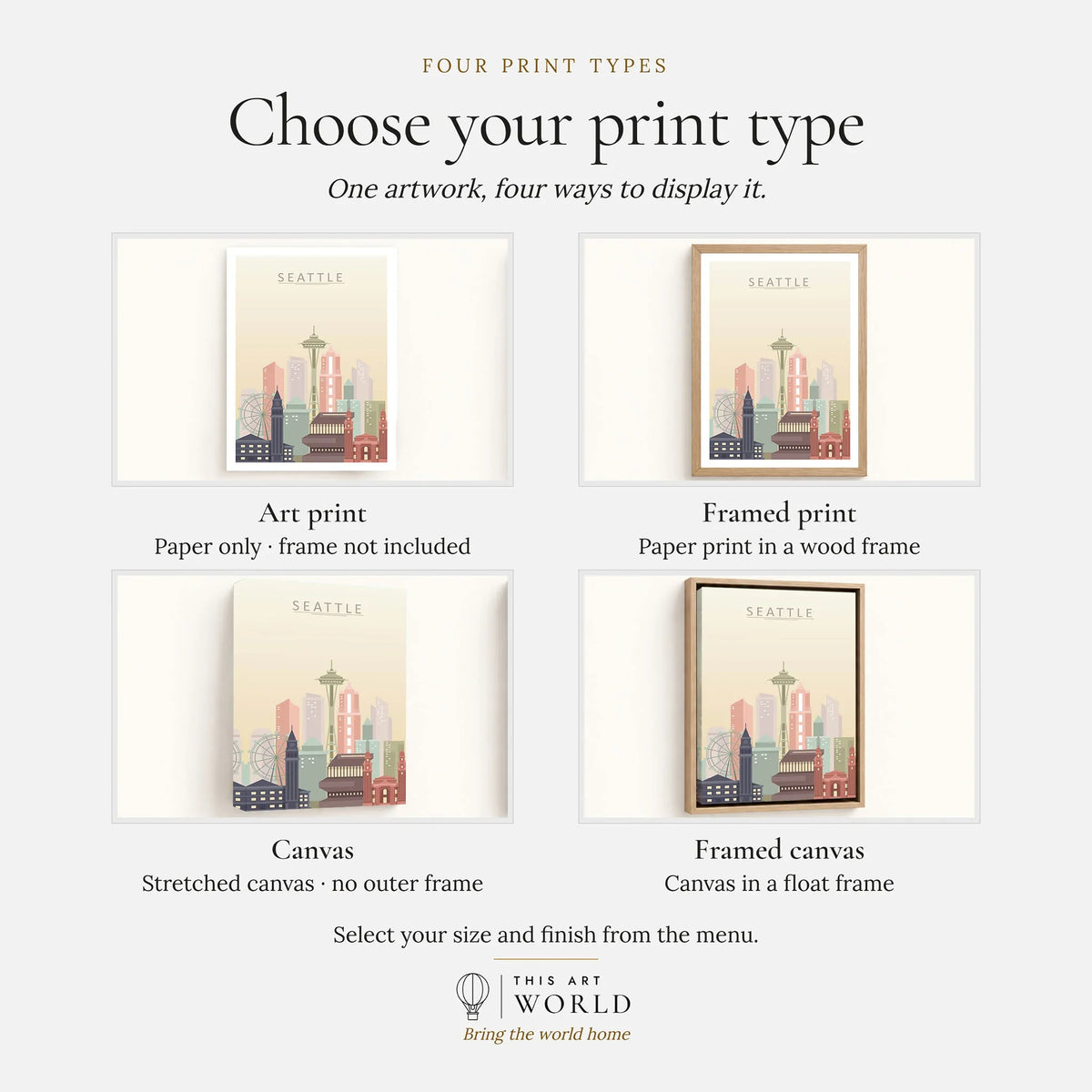 Seattle city skyline art print, print type options: art print, framed print or canvas