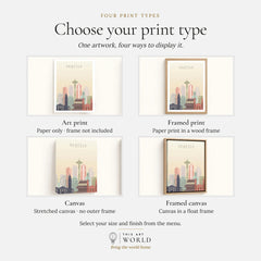 Seattle city skyline art print, print type options: art print, framed print or canvas
