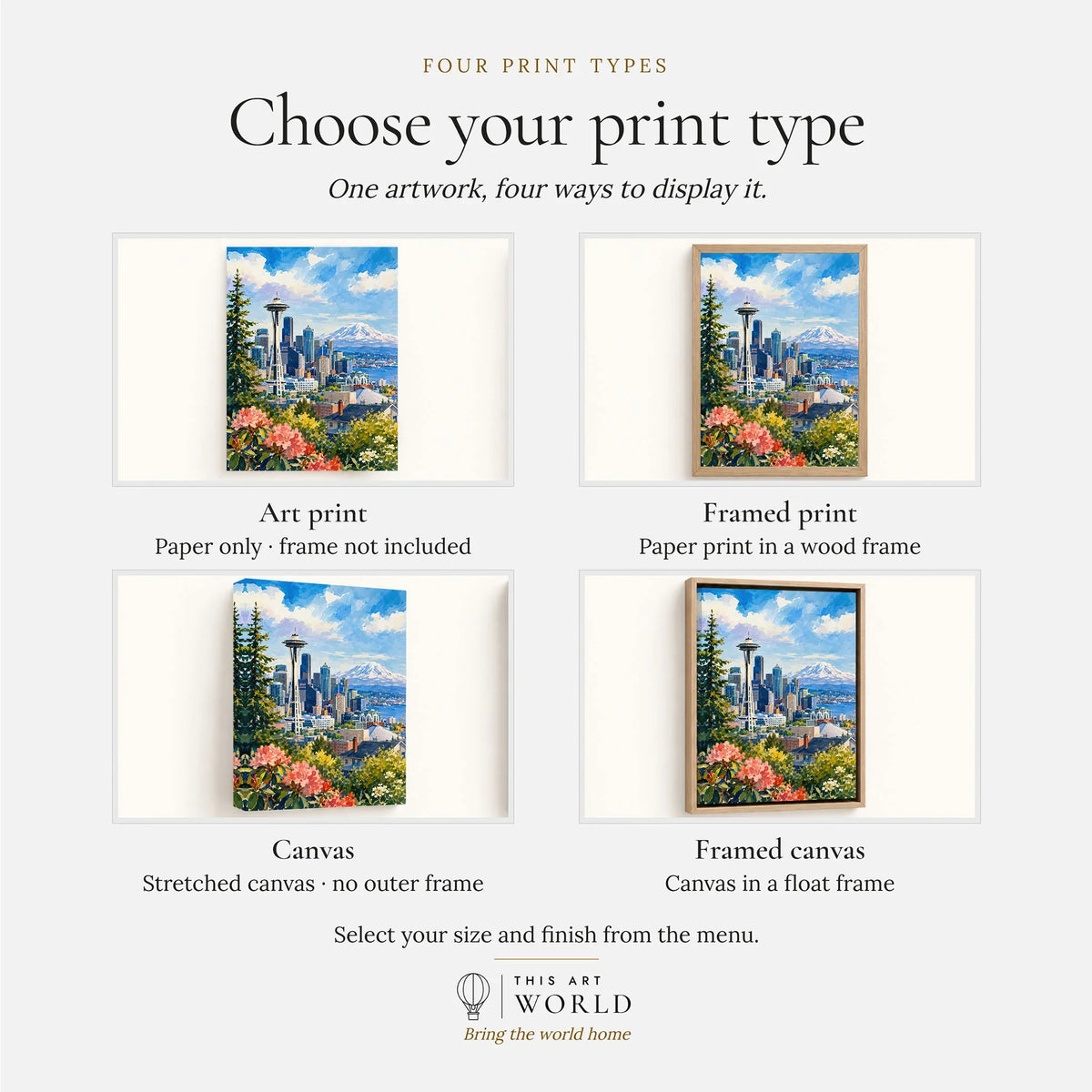 Seattle Space Needle and Mount Rainier watercolour art print, print type options: art print, framed print or canvas