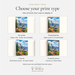 Seattle Space Needle and Mount Rainier watercolour art print, print type options: art print, framed print or canvas