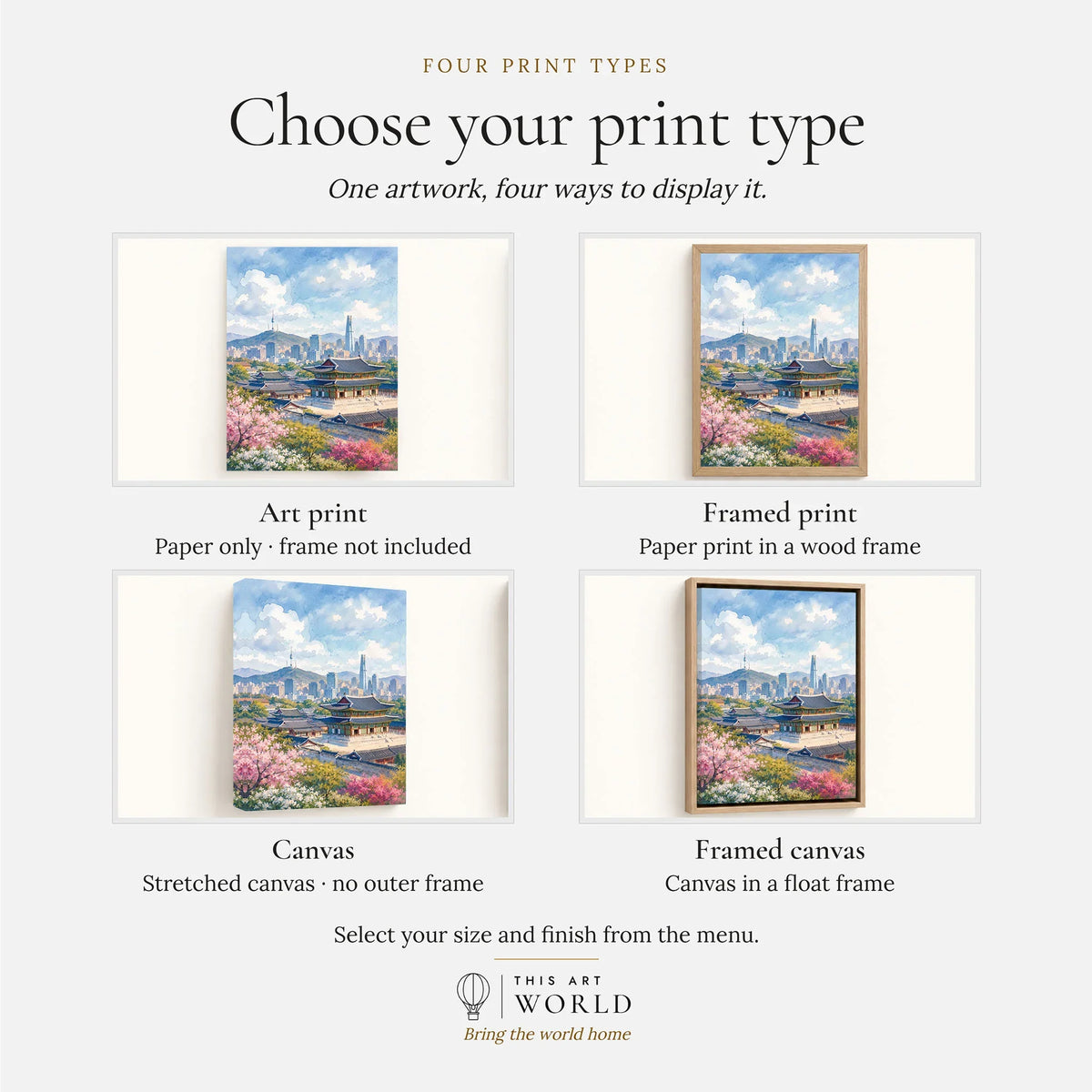 Seoul Gyeongbokgung Palace and skyline watercolour art print, print type options: art print, framed print or canvas