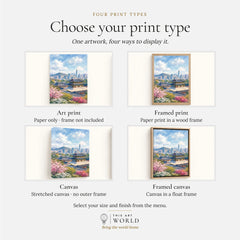 Seoul Gyeongbokgung Palace and skyline watercolour art print, print type options: art print, framed print or canvas