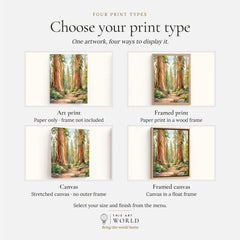 Sequoia giant sequoias and forest trail watercolour art print, print type options: art print, framed print or canvas