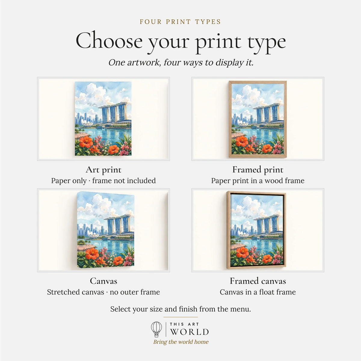 Singapore Marina Bay Sands skyline watercolour art print, print type options: art print, framed print or canvas