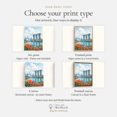 Singapore Marina Bay Sands skyline watercolour art print, print type options: art print, framed print or canvas