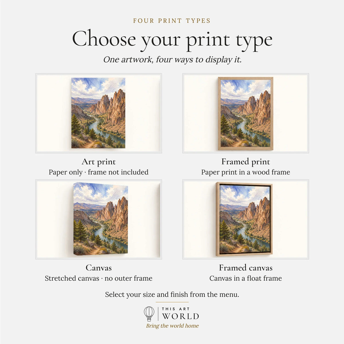 Smith Rock Crooked River below the rock spires watercolour art print, print type options: art print, framed print or canvas