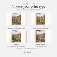 Smith Rock Crooked River below the rock spires watercolour art print, print type options: art print, framed print or canvas