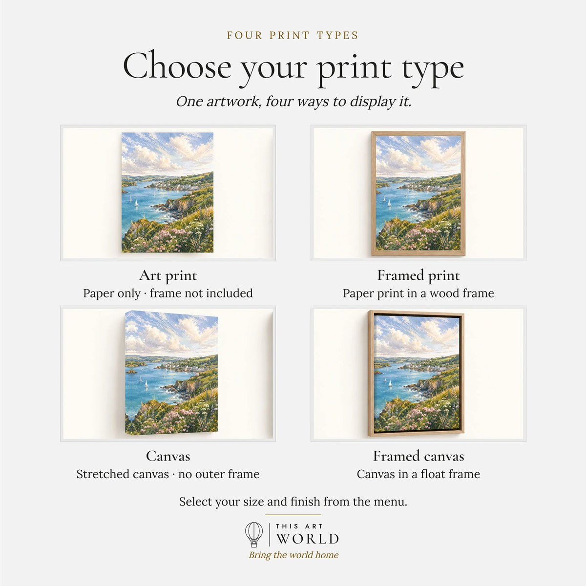 South Devon estuary village and sailing boats watercolour art print, print type options: art print, framed print or canvas