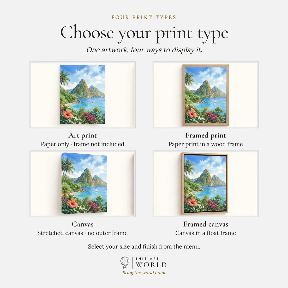 St Lucia the Pitons and bay watercolour art print, print type options: art print, framed print or canvas