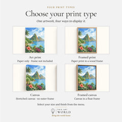 St Lucia the Pitons and bay watercolour art print, print type options: art print, framed print or canvas