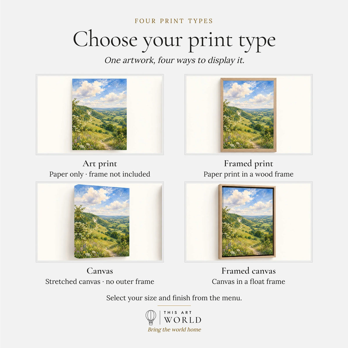 Surrey Hills wooded valley path watercolour art print, print type options: art print, framed print or canvas
