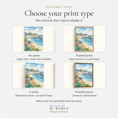 Tenby pastel harbour houses and beach watercolour art print, print type options: art print, framed print or canvas