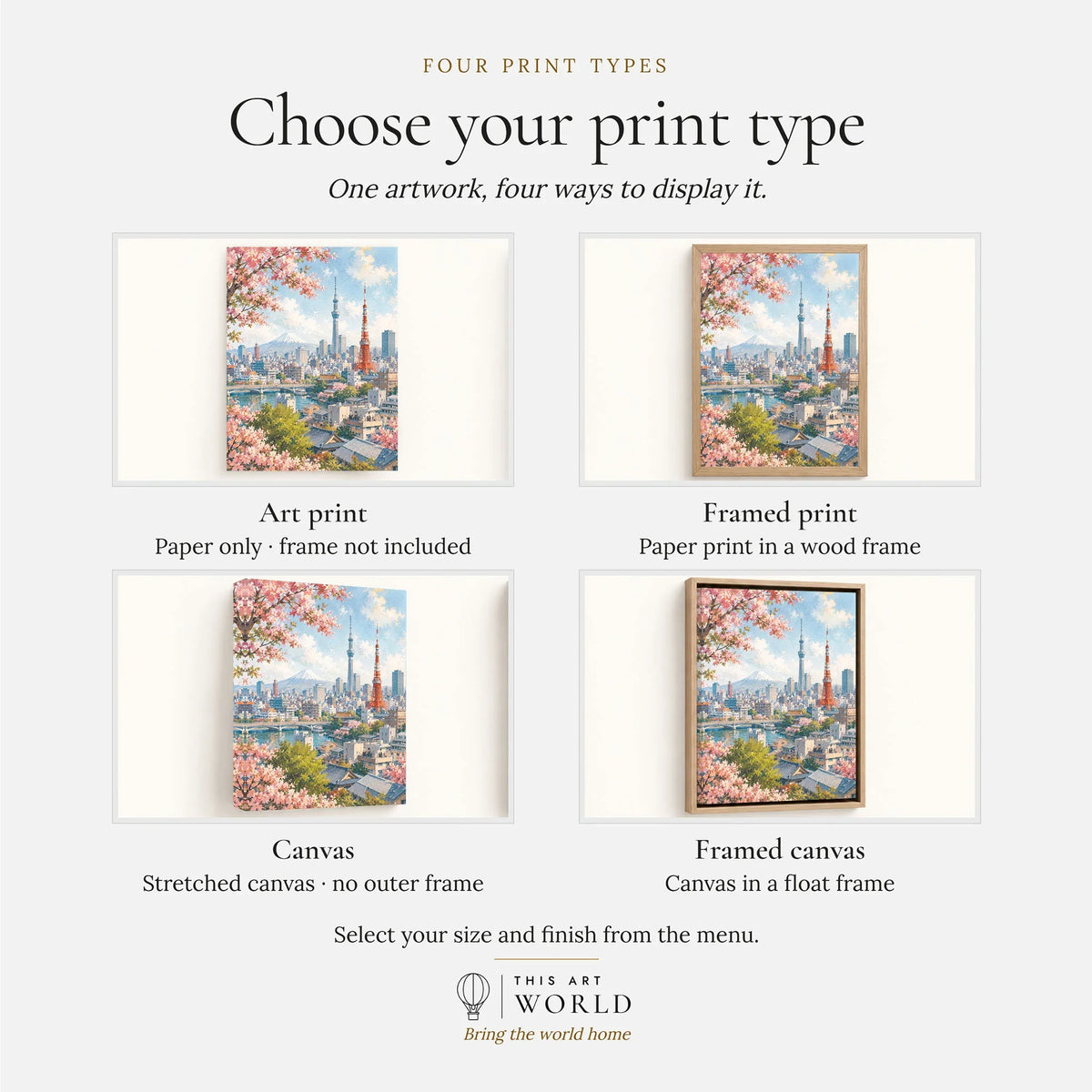 Tokyo Tokyo Tower, Skytree and Mount Fuji watercolour art print, print type options: art print, framed print or canvas