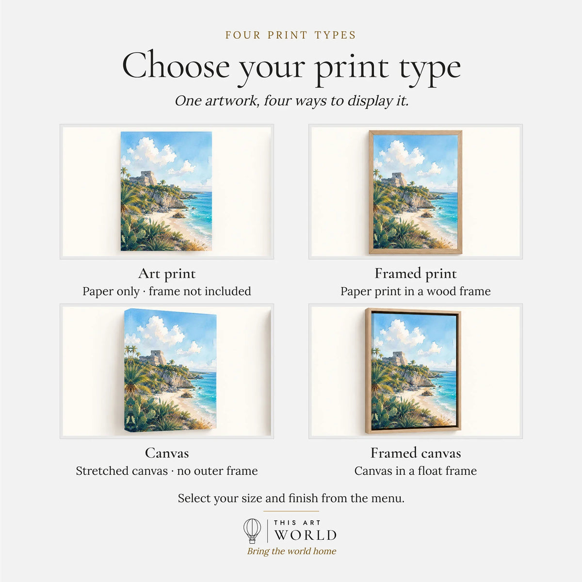 Tulum Mayan ruins above the beach watercolour art print, print type options: art print, framed print or canvas