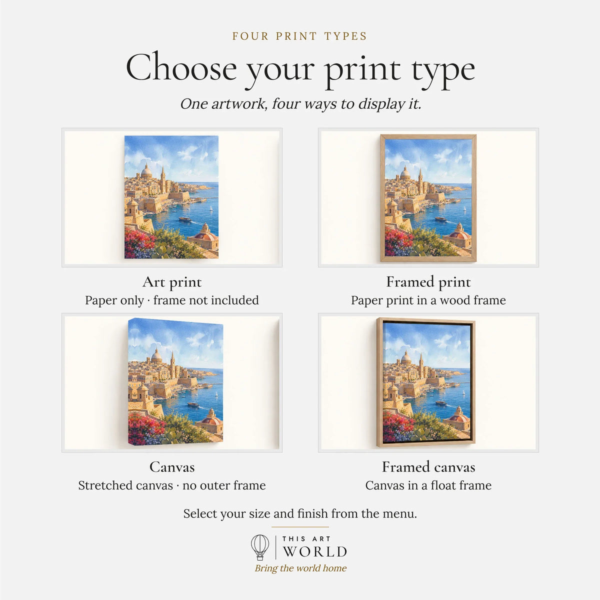 Valletta Grand Harbour and domes watercolour art print, print type options: art print, framed print or canvas