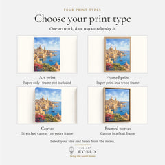 Valletta Grand Harbour and domes watercolour art print, print type options: art print, framed print or canvas