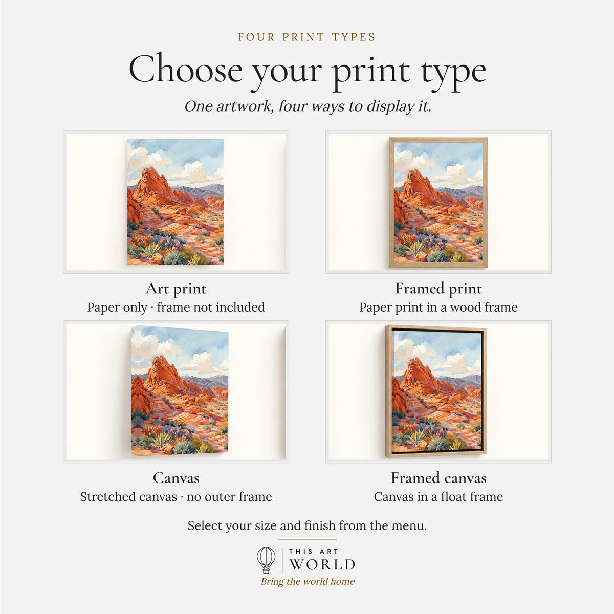 Valley of Fire State Park red sandstone waves watercolour art print, print type options: art print, framed print or canvas