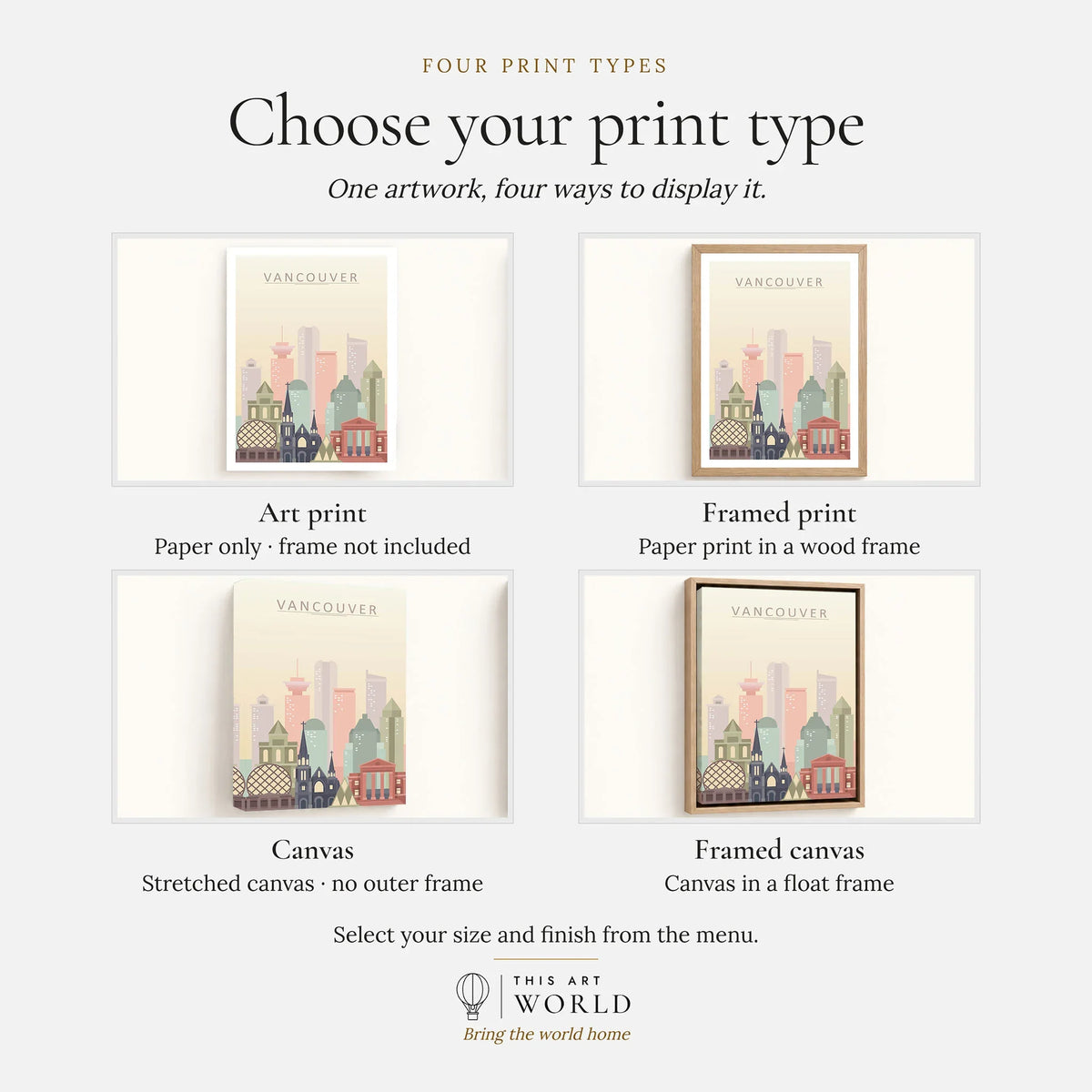 Vancouver city skyline art print, print type options: art print, framed print or canvas