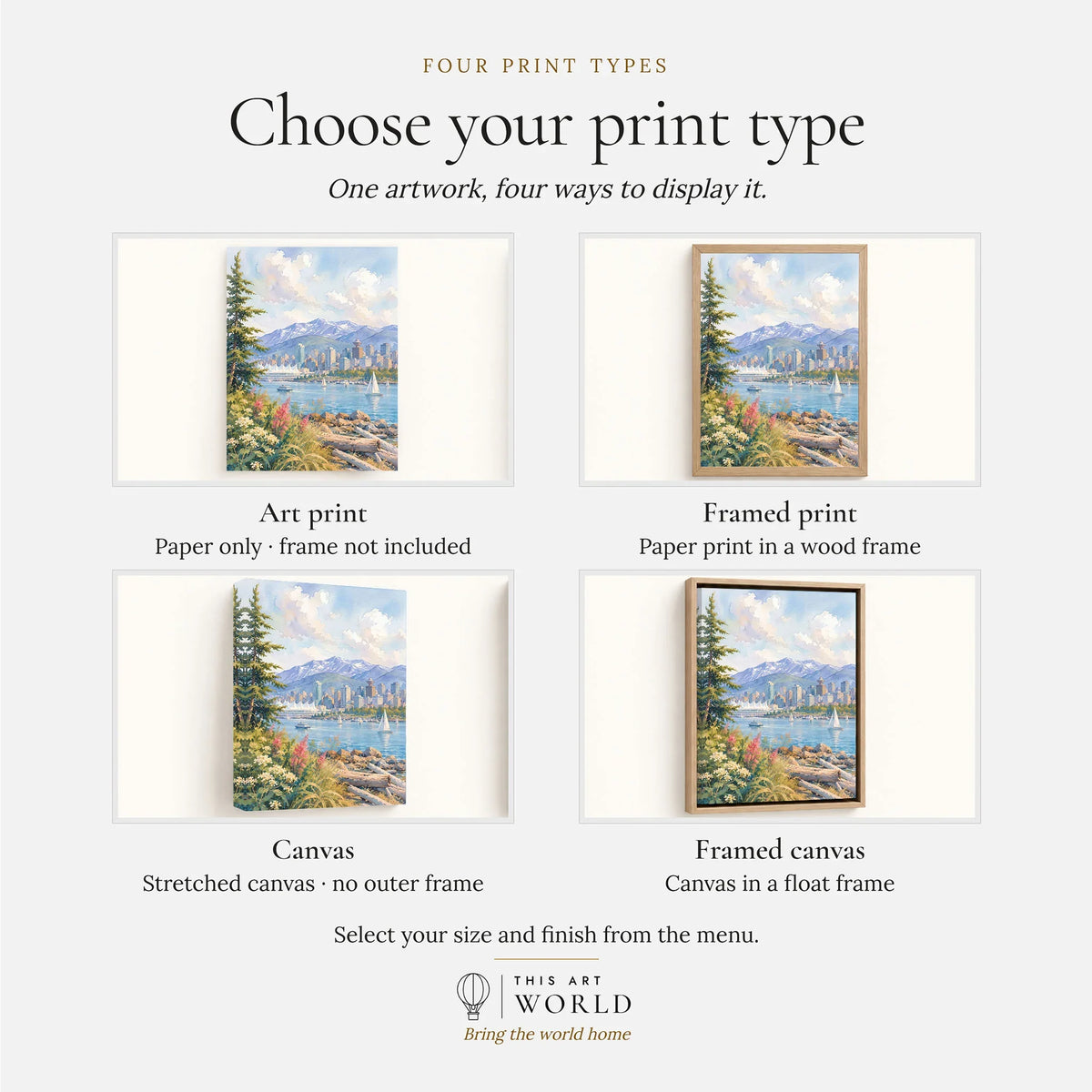 Vancouver harbour and North Shore mountains watercolour art print, print type options: art print, framed print or canvas