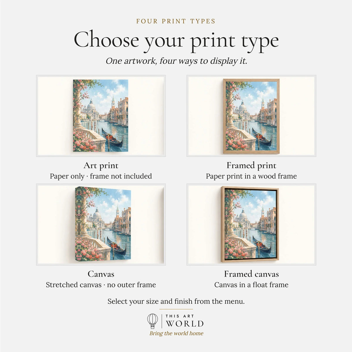 Venice Grand Canal, Salute dome and gondola watercolour art print, print type options: art print, framed print or canvas