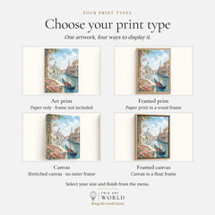 Venice Grand Canal, Salute dome and gondola watercolour art print, print type options: art print, framed print or canvas