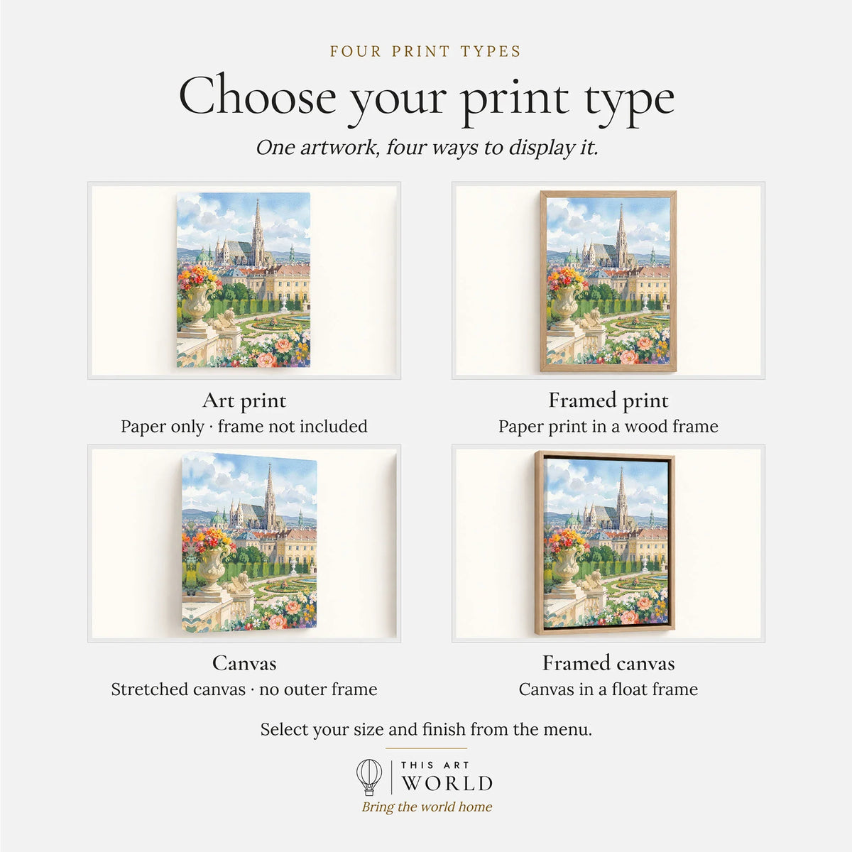 Vienna St Stephen's Cathedral and palace gardens watercolour art print, print type options: art print, framed print or canvas