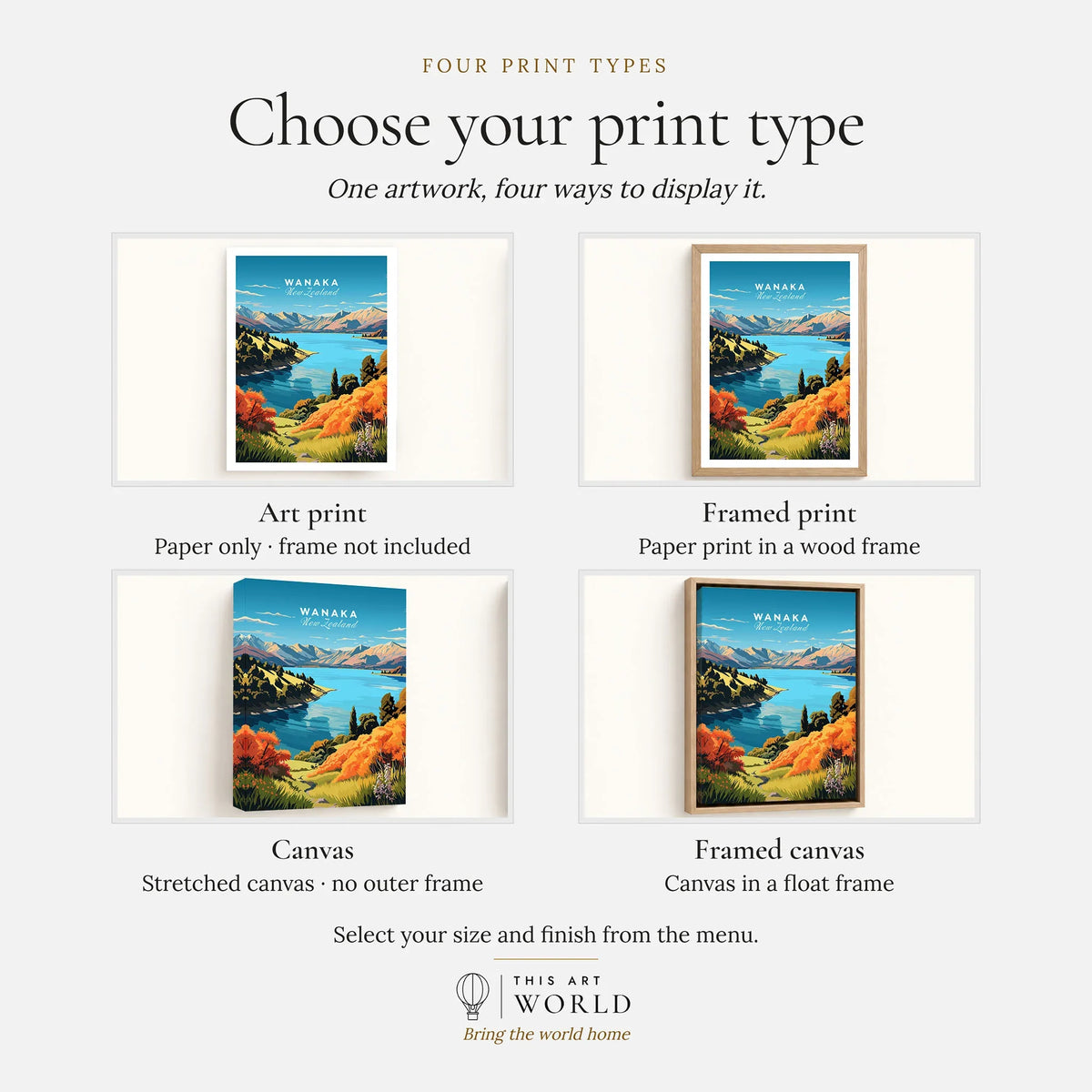 Wanaka Travel Print - print type options: art print, framed print or canvas