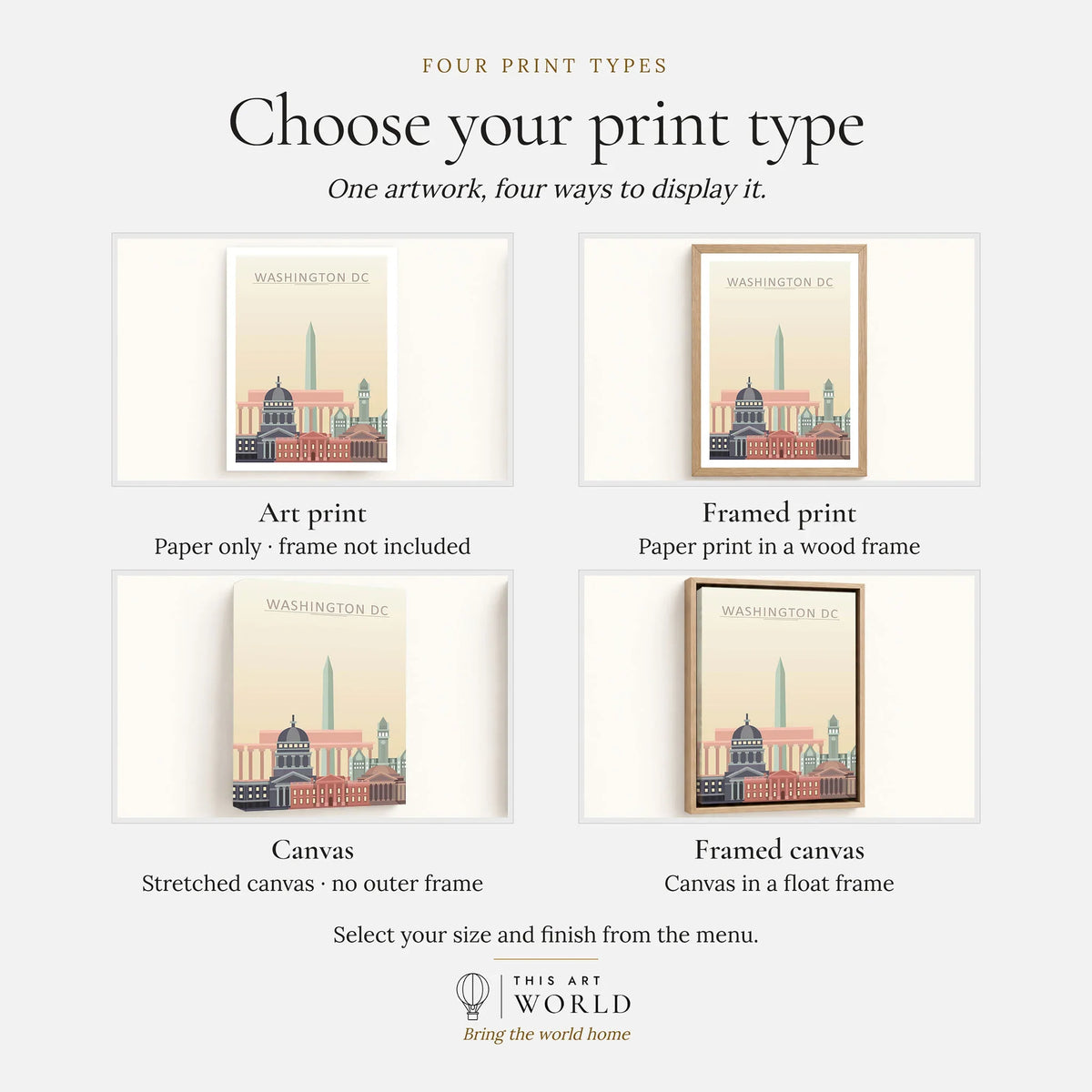 Washington DC city skyline art print, print type options: art print, framed print or canvas