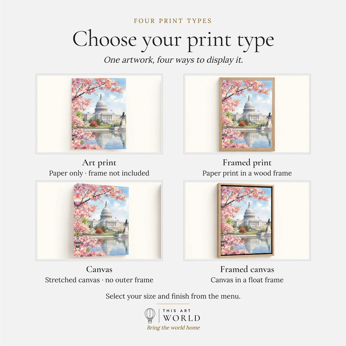 Washington DC US Capitol and cherry blossom watercolour art print, print type options: art print, framed print or canvas