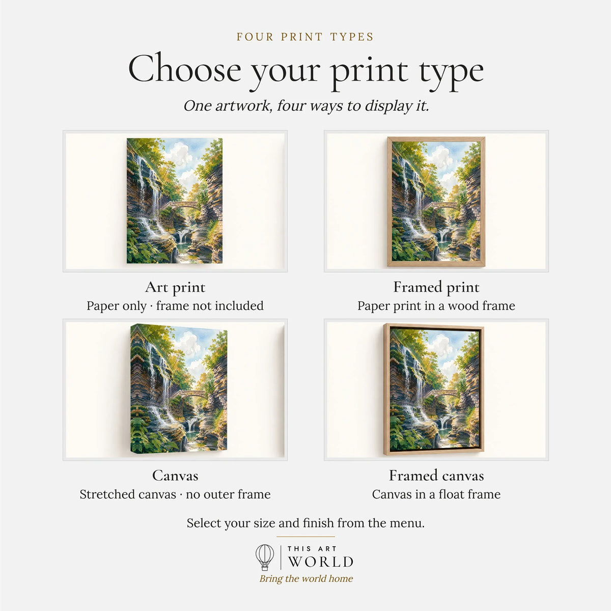 Watkins Glen gorge waterfalls and stone bridge watercolour art print, print type options: art print, framed print or canvas