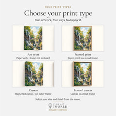 Watkins Glen gorge waterfalls and stone bridge watercolour art print, print type options: art print, framed print or canvas