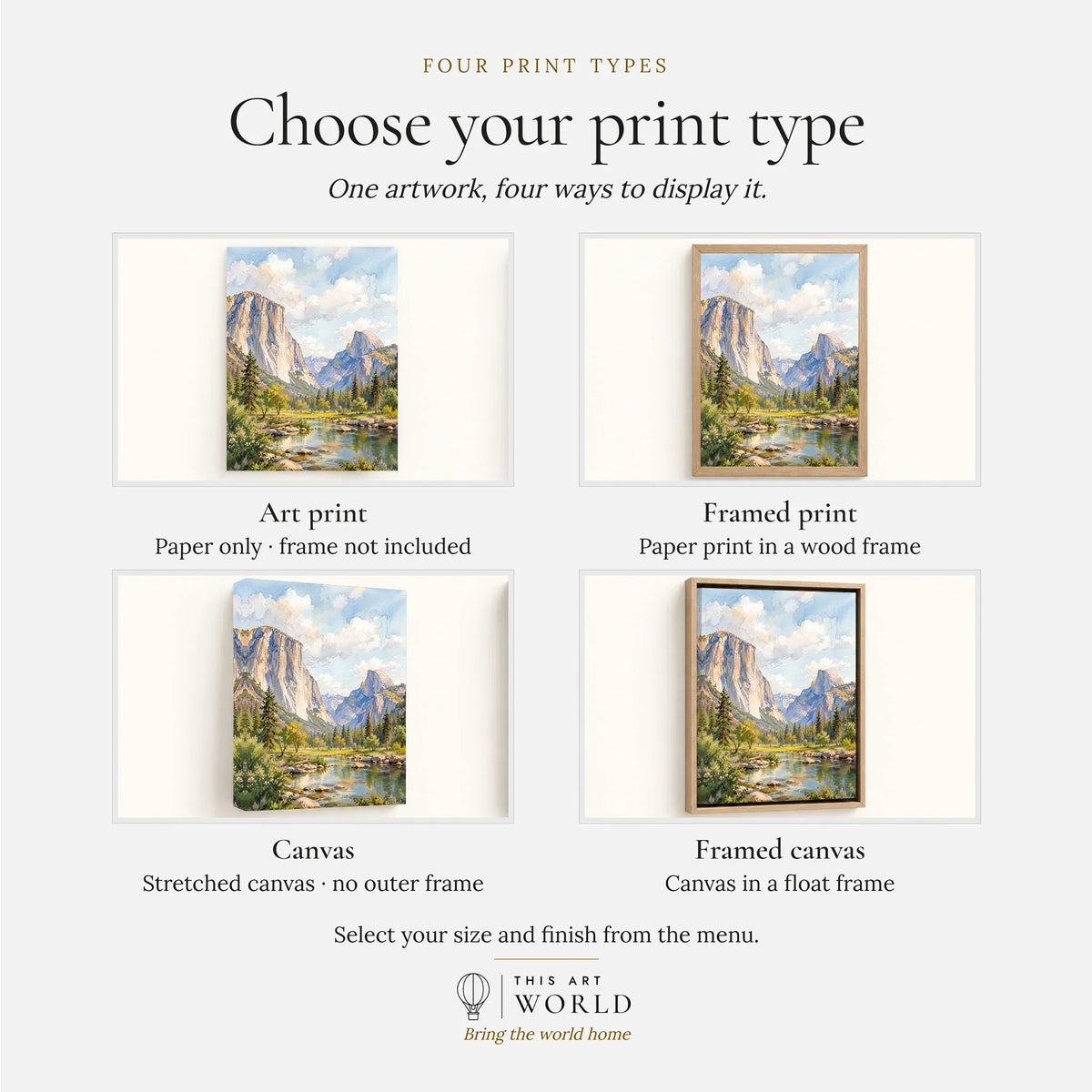 Yosemite National Park El Capitan and Half Dome watercolour art print, print type options: art print, framed print or canvas