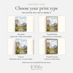 Yosemite National Park El Capitan and Half Dome watercolour art print, print type options: art print, framed print or canvas