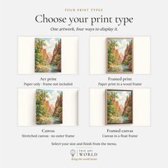 Zion National Park Virgin River canyon watercolour art print, print type options: art print, framed print or canvas