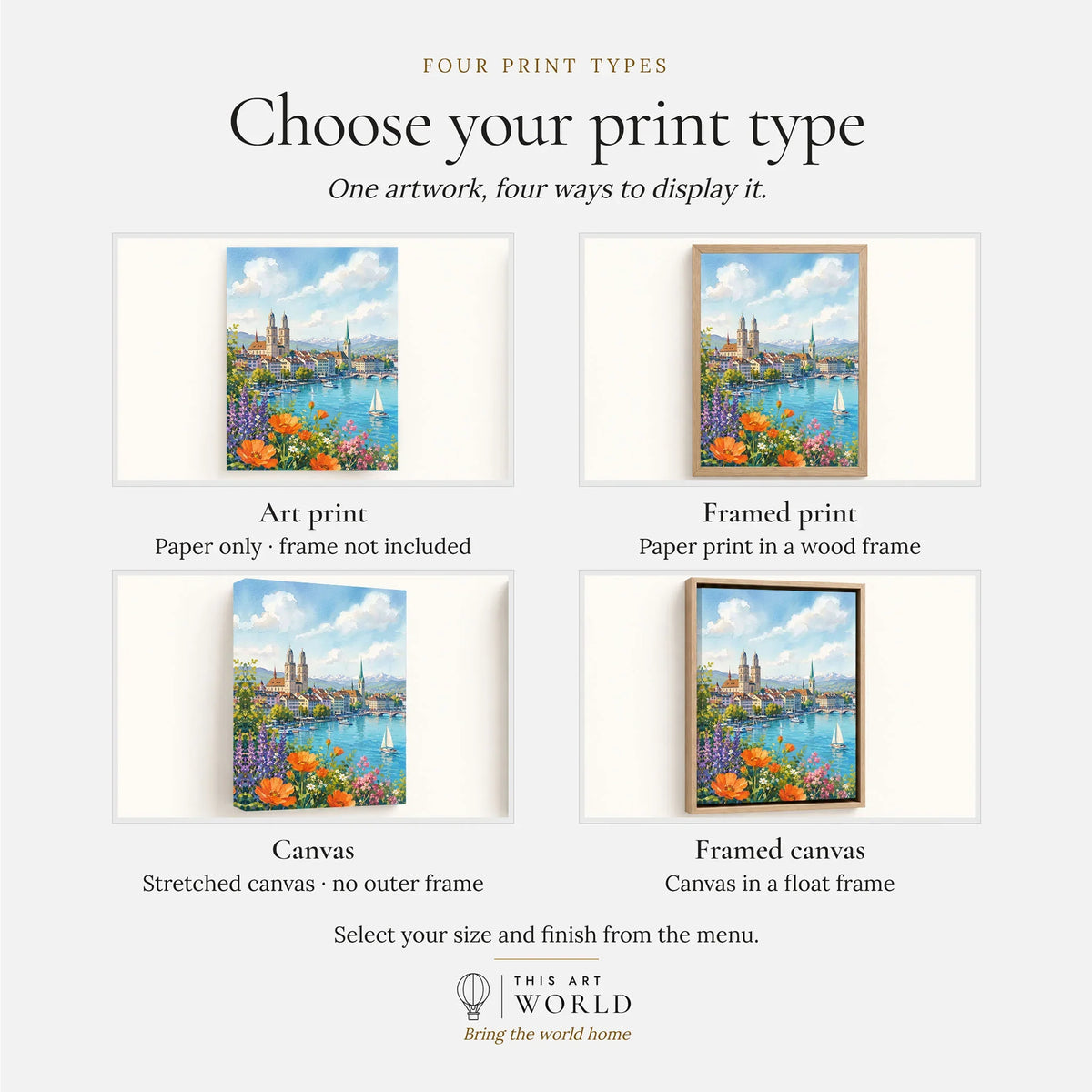 Zurich Grossmünster and the Limmat watercolour art print, print type options: art print, framed print or canvas