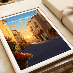 Aix-en-Provence Poster in a natural wood frame beside wrapped gift packaging, close-up detail