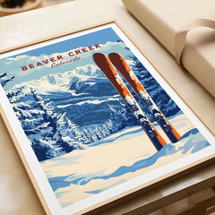 Beaver Creek Colorado Ski Poster - Rocky Mountain Winter Art Print in a natural wood frame beside wrapped gift packaging, close-up detail