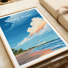 Cocoa Beach Florida Rocket Launch Print - Space Coast Wall Art in a natural wood frame beside wrapped gift packaging, close-up detail