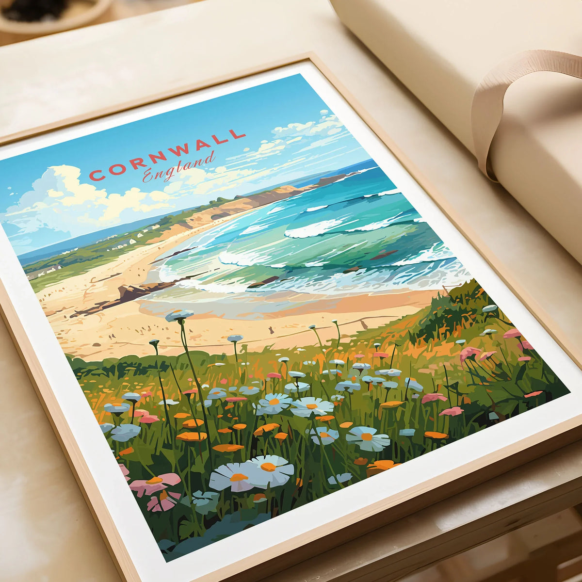 Cornwall Art Print in a natural wood frame beside wrapped gift packaging, close-up detail