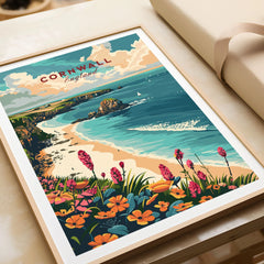 Cornwall Wall Art Print - United Kingdom Travel Poster in a natural wood frame beside wrapped gift packaging, close-up detail