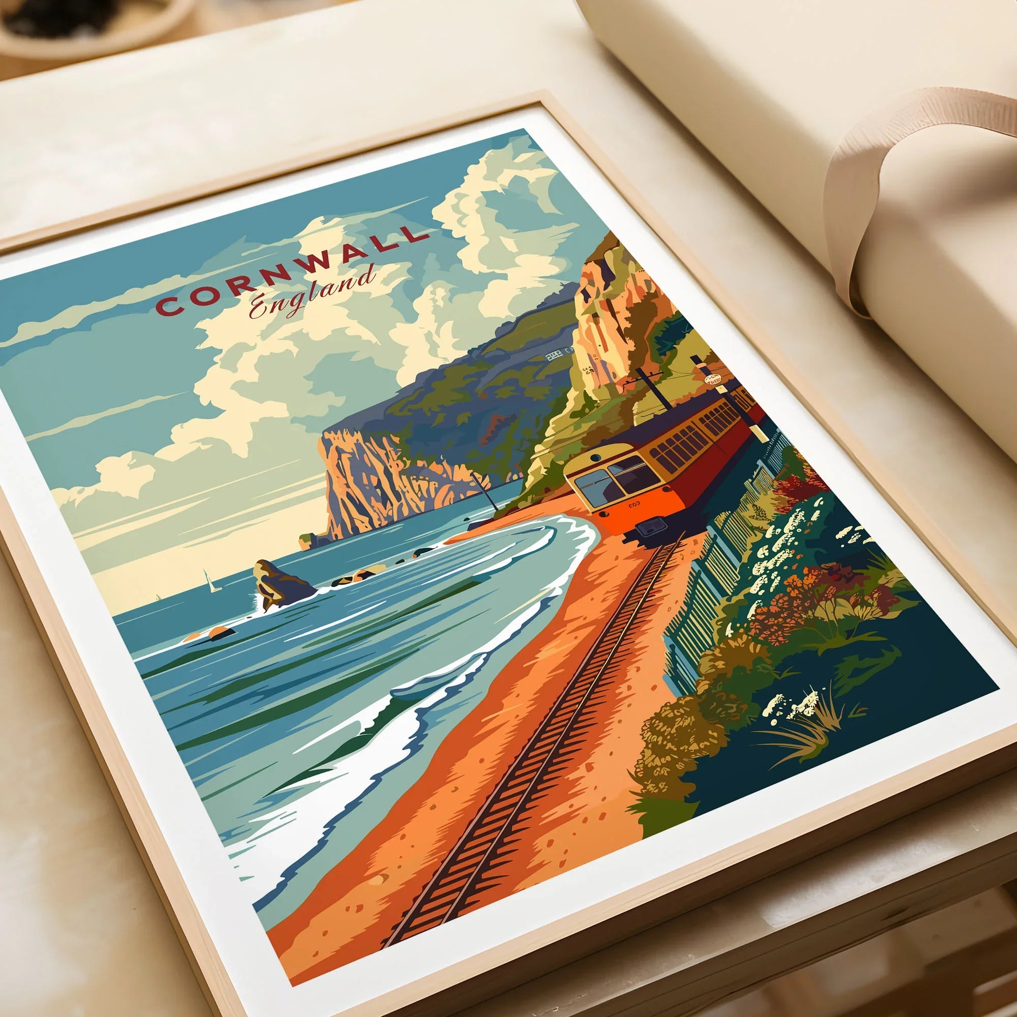 Cornwall Coast Travel Print in a natural wood frame beside wrapped gift packaging, close-up detail