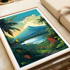 Costa Rica Print in a natural wood frame beside wrapped gift packaging, close-up detail