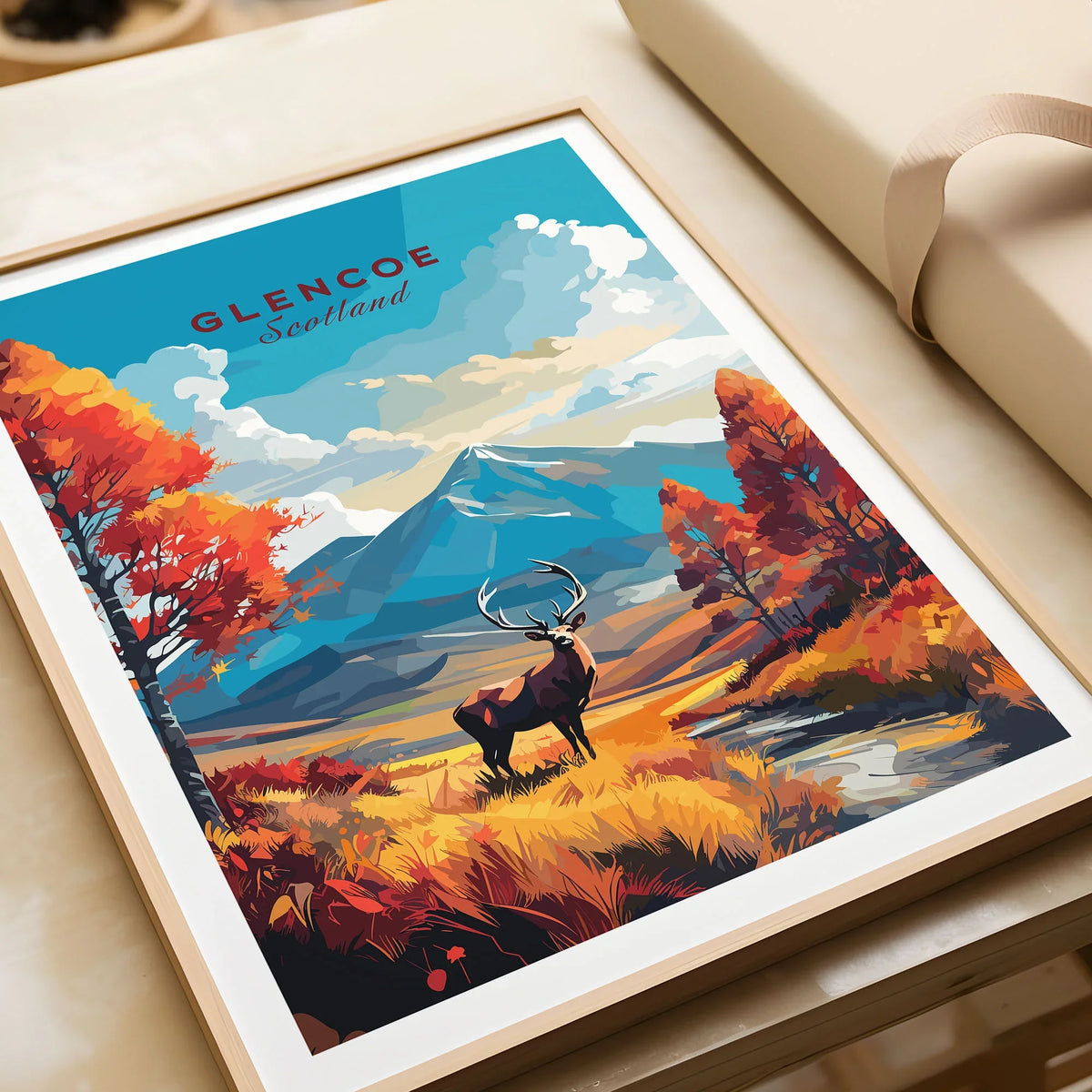Glencoe Art Print in a natural wood frame beside wrapped gift packaging, close-up detail