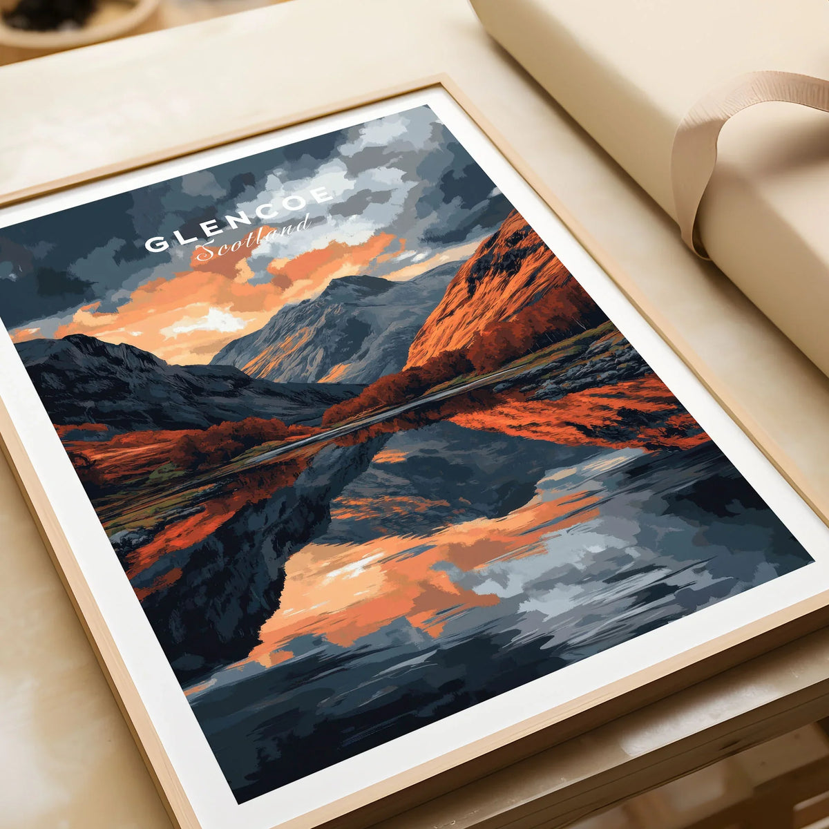 Glencoe Wall Art in a natural wood frame beside wrapped gift packaging, close-up detail