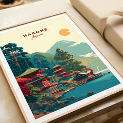 Hakone Japan Lake Ashi Temple Print - Japanese Pagoda Wall Art in a natural wood frame beside wrapped gift packaging, close-up detail
