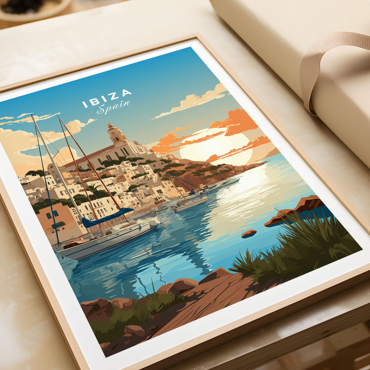 Ibiza Poster Print in a natural wood frame beside wrapped gift packaging, close-up detail