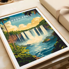Iguazu Falls Wall Art in a natural wood frame beside wrapped gift packaging, close-up detail